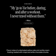 Cross-section of a David Cake Batter protein bar with a positive customer review and flavor description